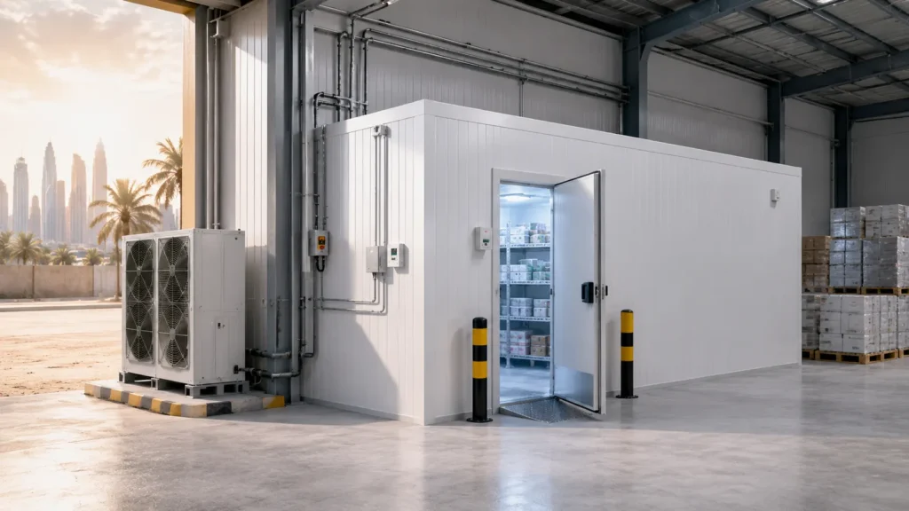 Commercial freezer room installation in UAE warehouse with open freezer door and outdoor condensing unit