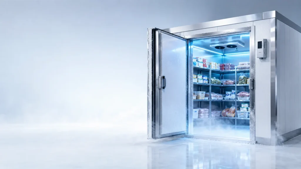 Commercial walk-in freezer room with insulated panels, open freezer door, stainless steel shelving, and frozen food storage for UAE businesses.