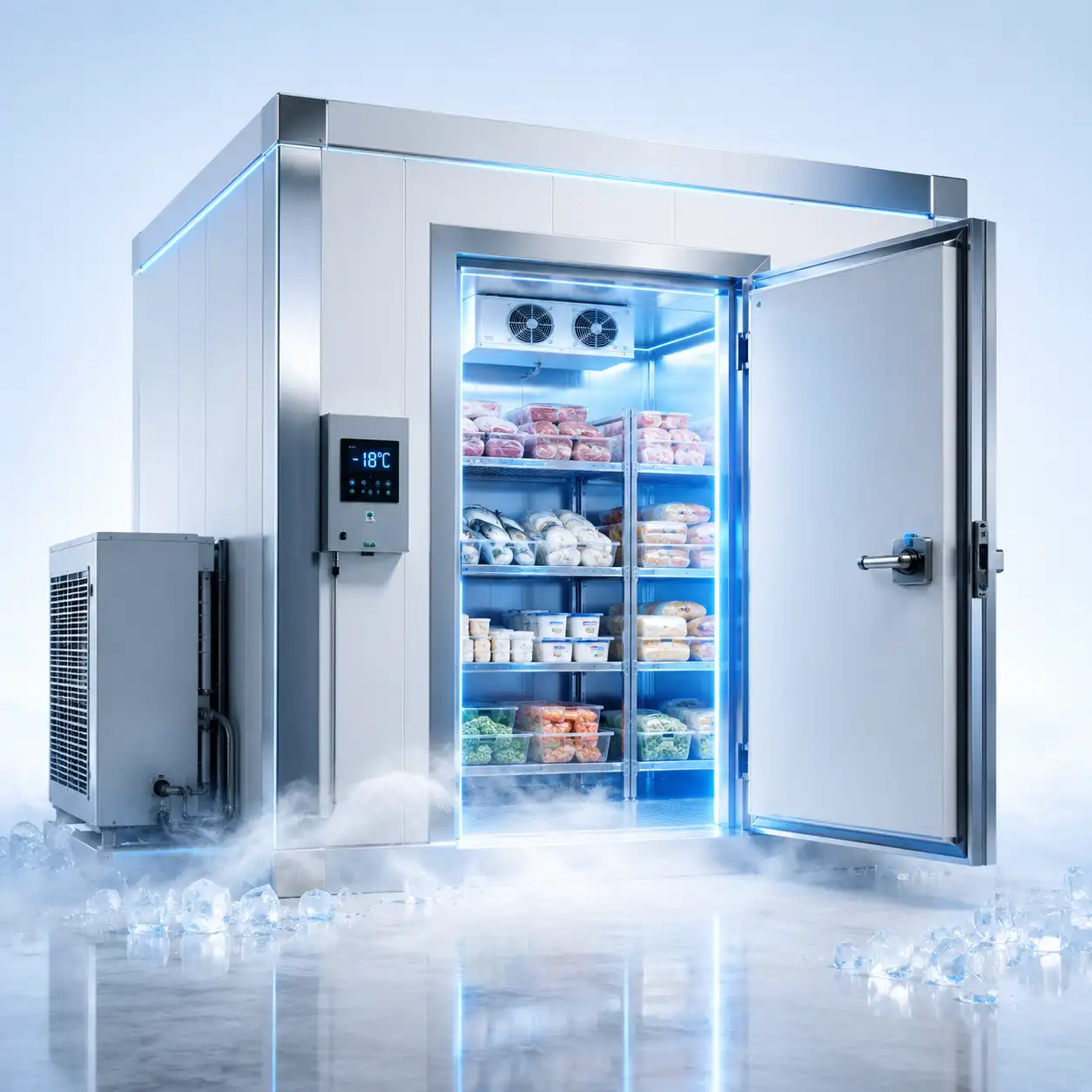 Custom commercial walk-in freezer with insulated PUF panels, refrigeration unit, digital temperature controller, and organized frozen food storage.