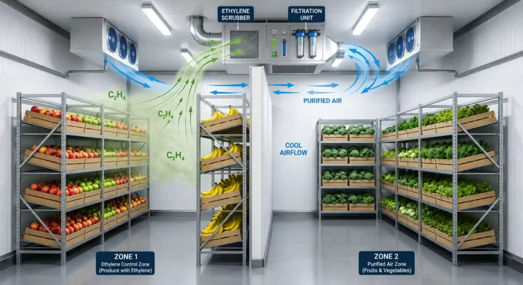 Commercial produce storage facility with ethylene scrubber, air filtration system, separate storage zones, and controlled airflow to protect fresh fruits and vegetables.