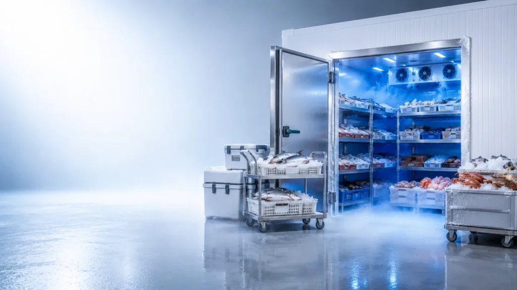 Commercial fish cold room with walk-in cold room for fish storage, seafood crates, insulated containers and refrigeration system in Dubai, Abu Dhabi and Sharjah, UAE.