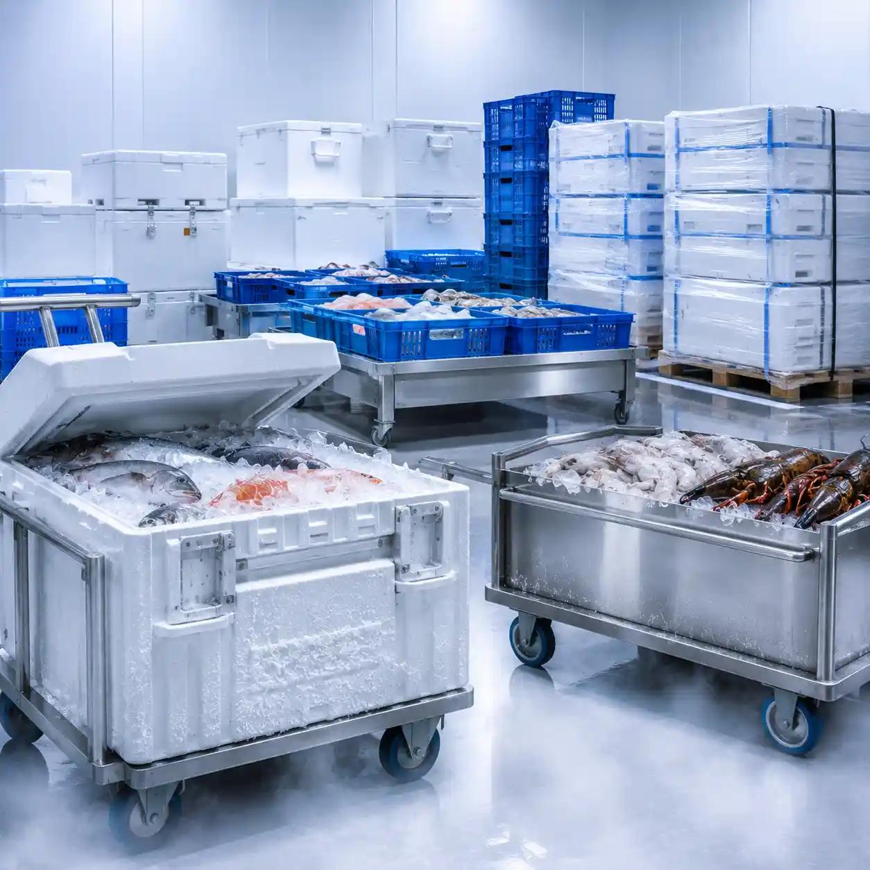 Commercial fish cold storage with insulated seafood containers, stainless steel trolleys, fish crates, and fresh seafood inside a custom cold room in Dubai, Abu Dhabi and Sharjah, UAE.