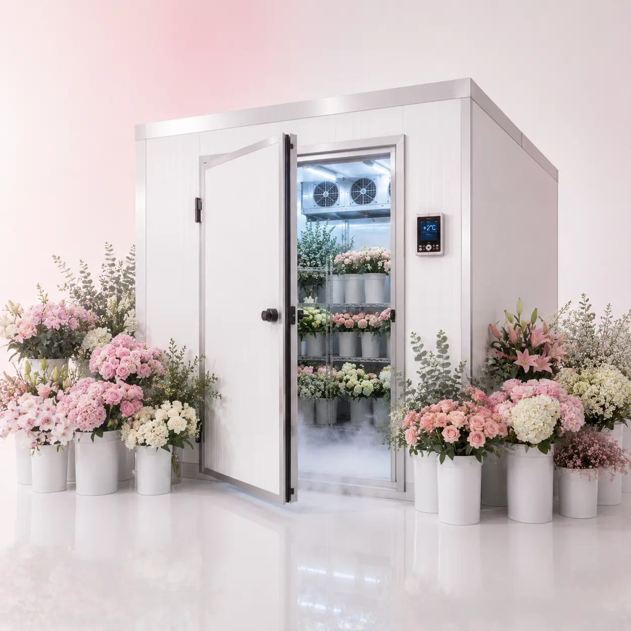 Flower cold storage walk-in cold room with fresh flowers, humidity-controlled shelving, insulated PUF panels, and a +2°C temperature controller for commercial flower preservation.