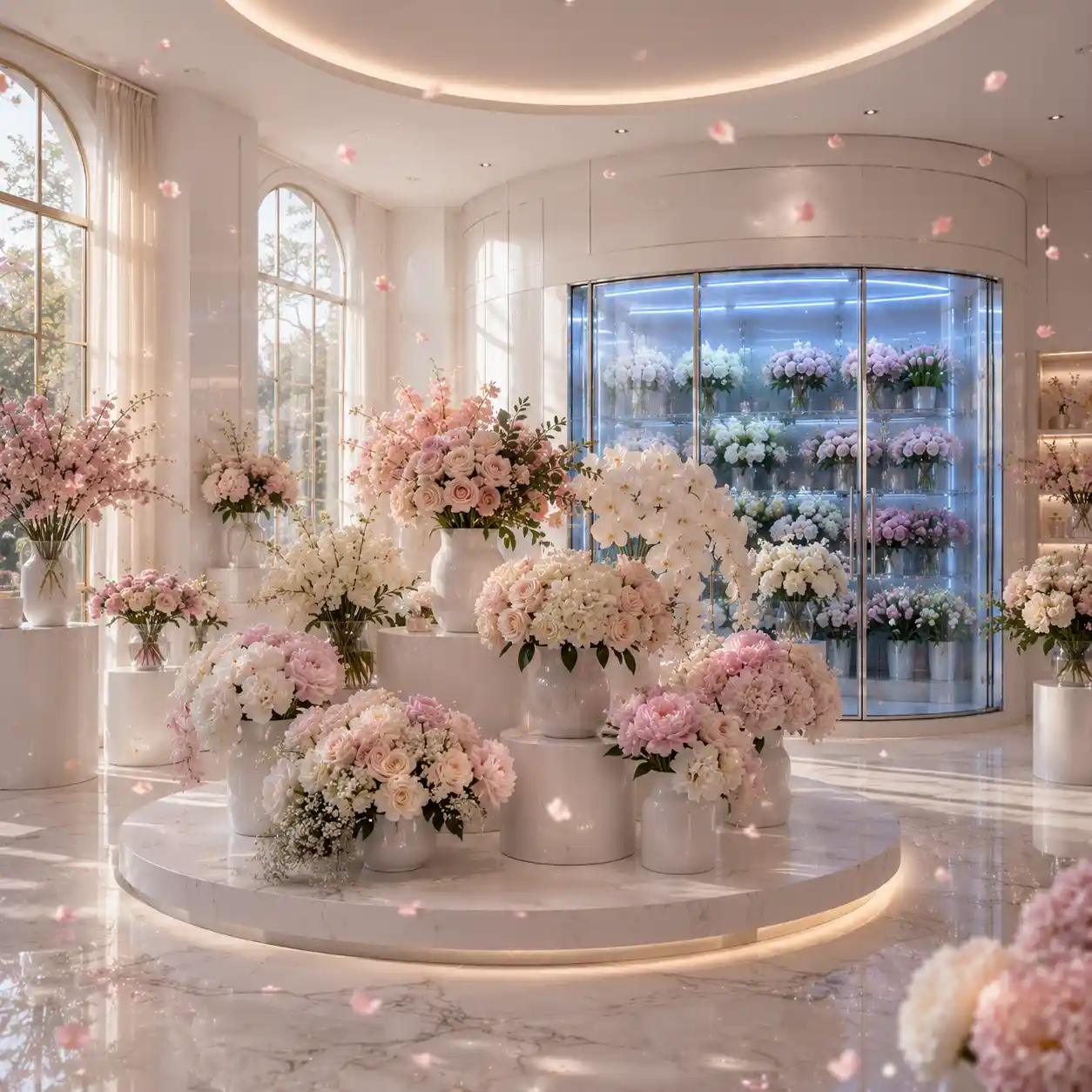 Luxury flower boutique featuring a glass-door flower display chiller with fresh floral arrangements stored in a commercial floral cooler for optimal freshness and presentation.