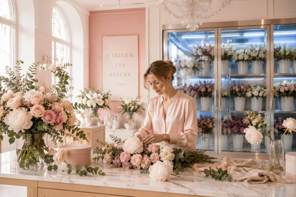 Professional florist arranging fresh flower bouquets beside a commercial flower refrigerator with glass-door floral refrigeration for optimal flower storage and freshness.