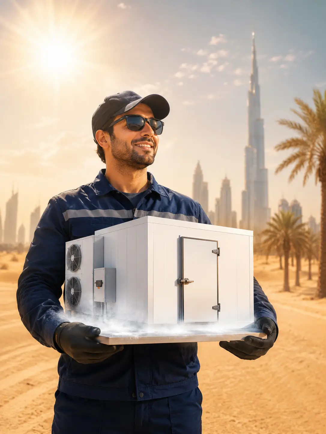 Technician holding a freezer room model in UAE heat for freezer room design planning