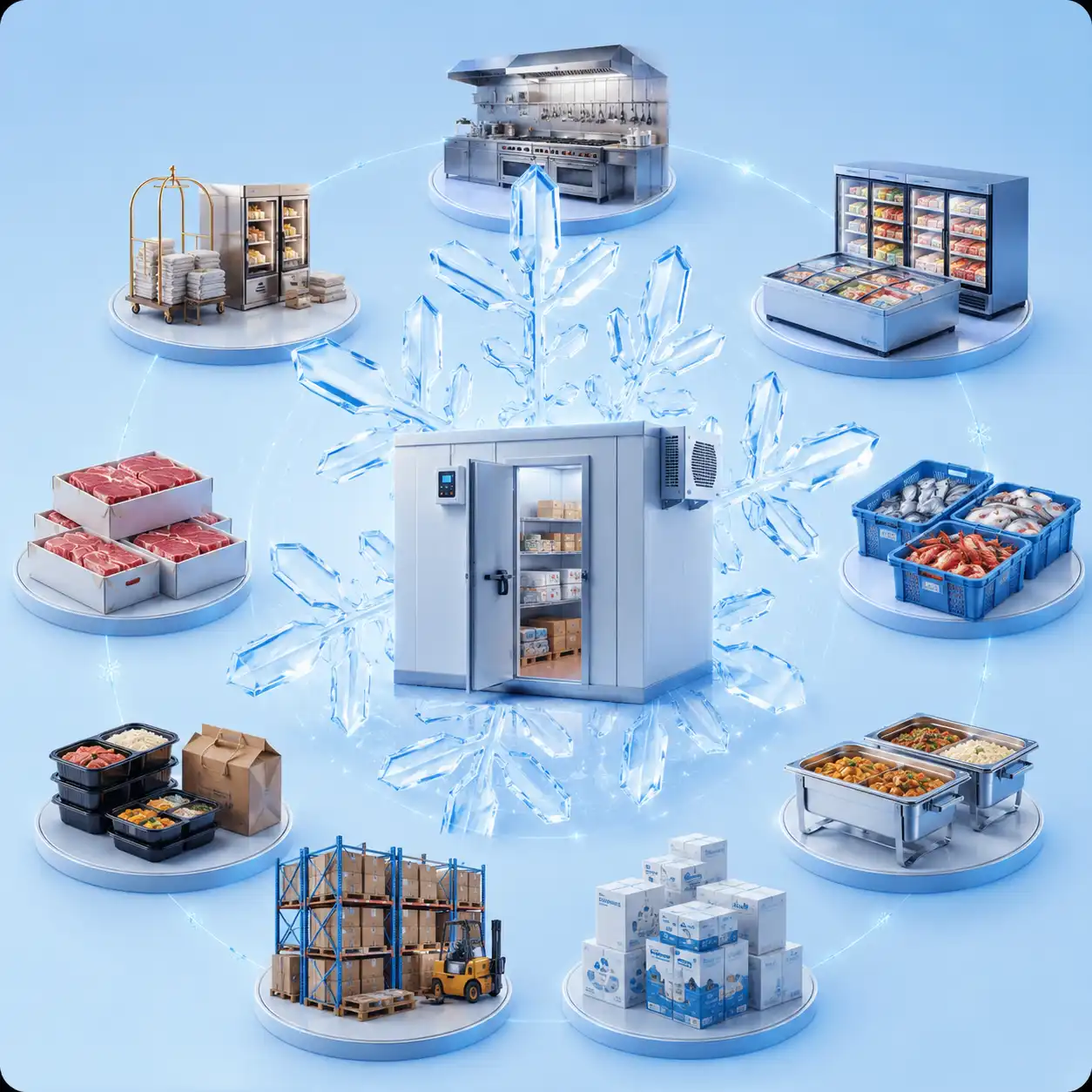 Freezer room storage applications in UAE for meat, seafood, ice cream, catering, kitchens, and warehouses