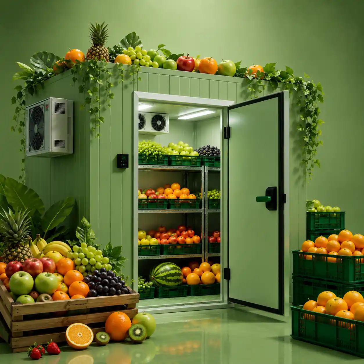 Modern fruits cold storage with a commercial walk-in cold room storing fresh apples, oranges, grapes, and watermelon.