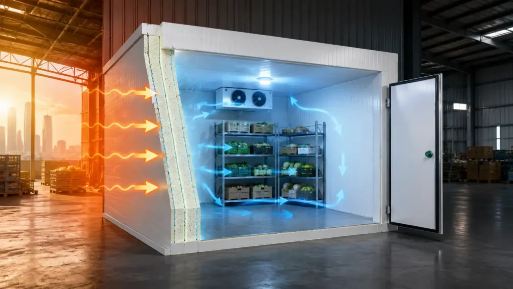 PUF panel cold storage showing insulated cold room walls reducing heat entry and maintaining cooling