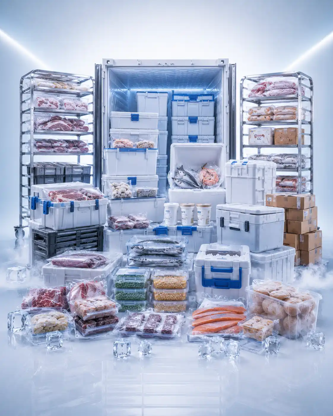 Industrial walk-in freezer room with insulated storage containers, frozen meat, seafood, vegetables, and organized commercial cold storage.