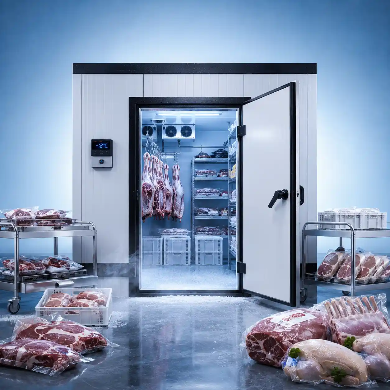 Commercial meat cold room with hanging beef carcasses, vacuum-packed meat, and temperature-controlled storage for fresh and frozen meat products.