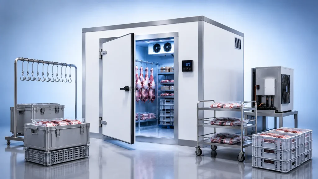 Commercial meat freezer room with insulated PUF panels, hanging rail system, refrigeration unit, and temperature-controlled cold meat storage.