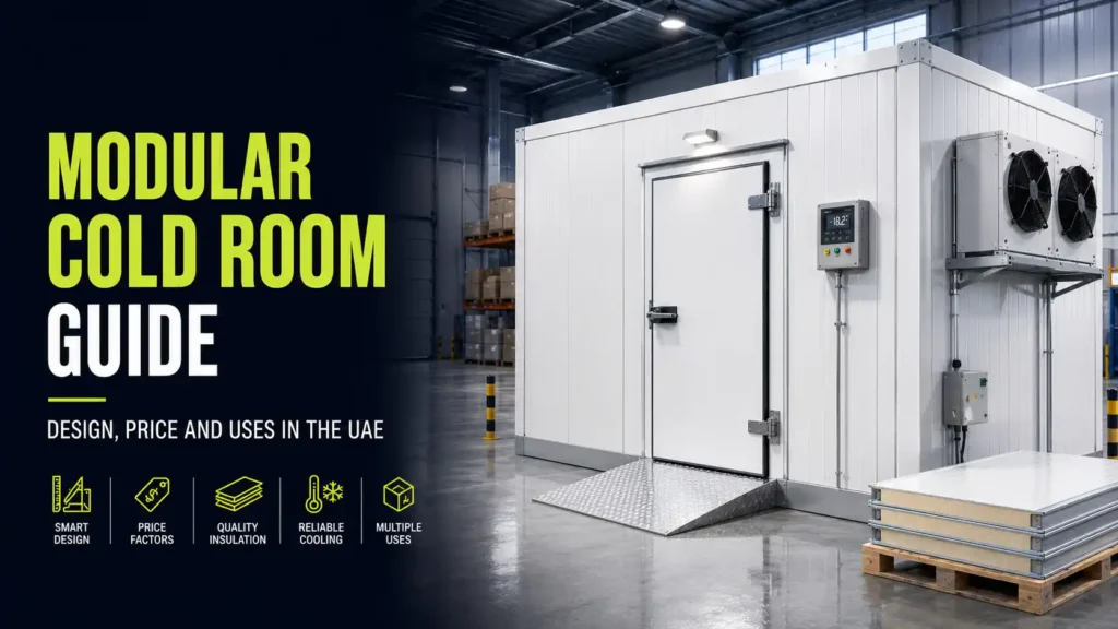 Modular cold room with insulated panels and refrigeration equipment inside a commercial warehouse in the UAE