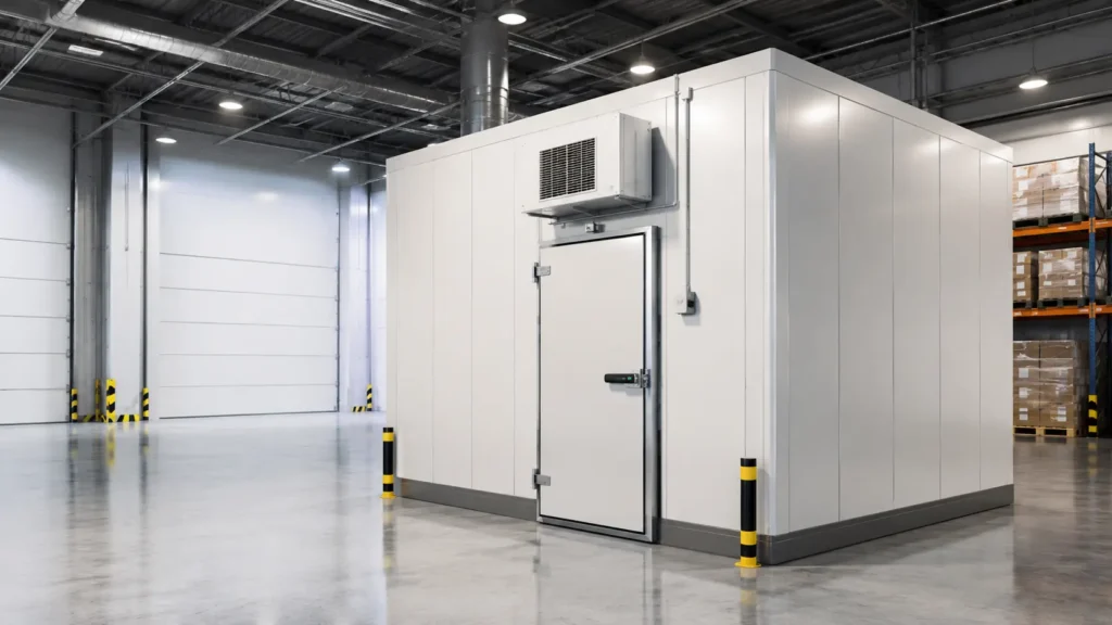 White modular cold room with insulated panels and refrigeration unit installed inside a commercial warehouse