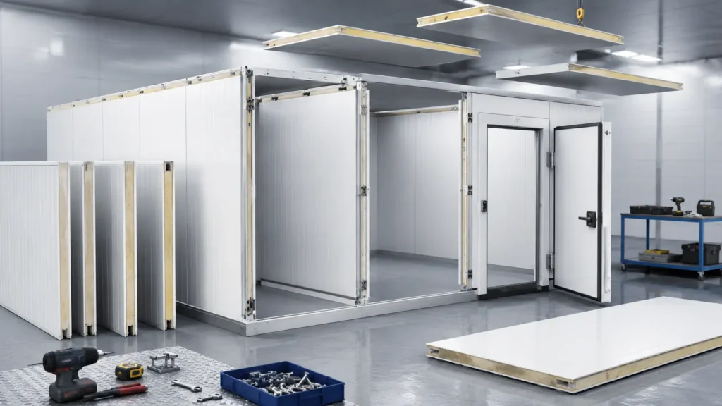 Modular cold room being assembled with insulated wall and ceiling panels in a commercial installation area