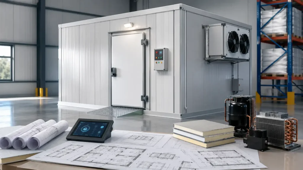 Modular cold room with technical drawings, insulated panel samples and refrigeration components for project planning