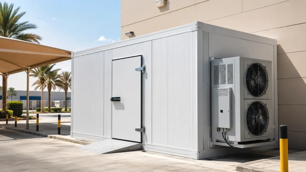 Outdoor modular cold room with insulated panels and refrigeration unit installed beside a commercial building in the UAE