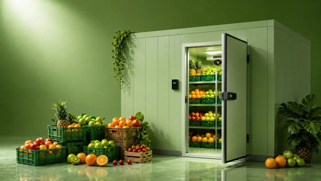 Premium cold storage for fruits with a walk-in fruit cold room storing apples, oranges, grapes, pineapples, and other fresh fruits.