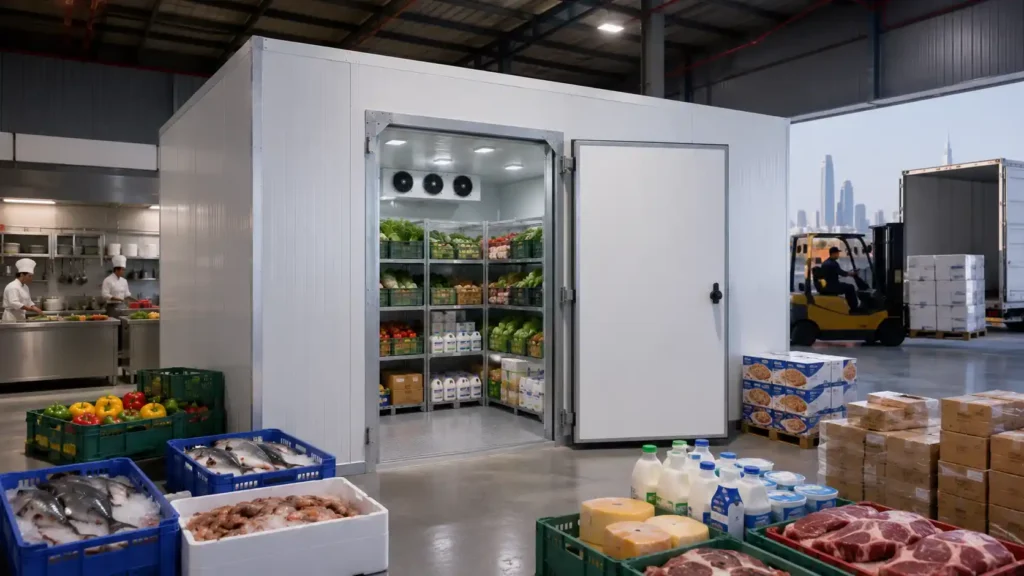 PUF panel cold storage in UAE for food, seafood, dairy, meat, and commercial warehouse storage