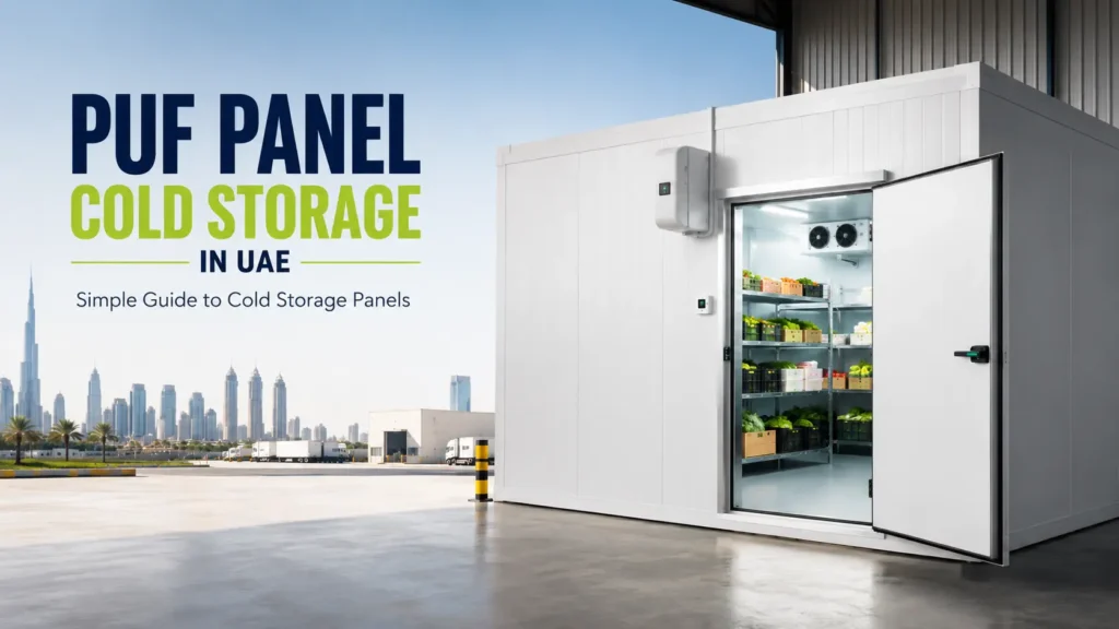 PUF panel cold storage in UAE with insulated cold room and open chilled storage door