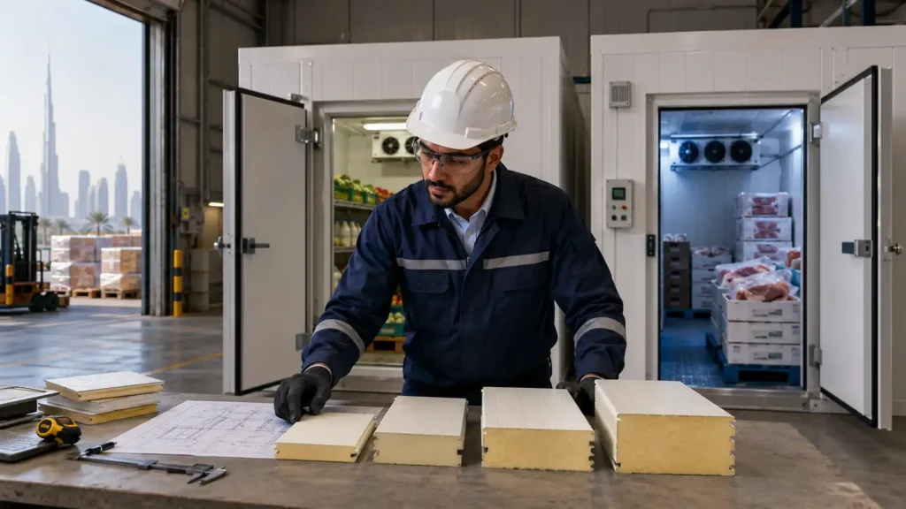 Engineer checking PUF panel thickness samples for chiller and freezer room cold storage in UAE