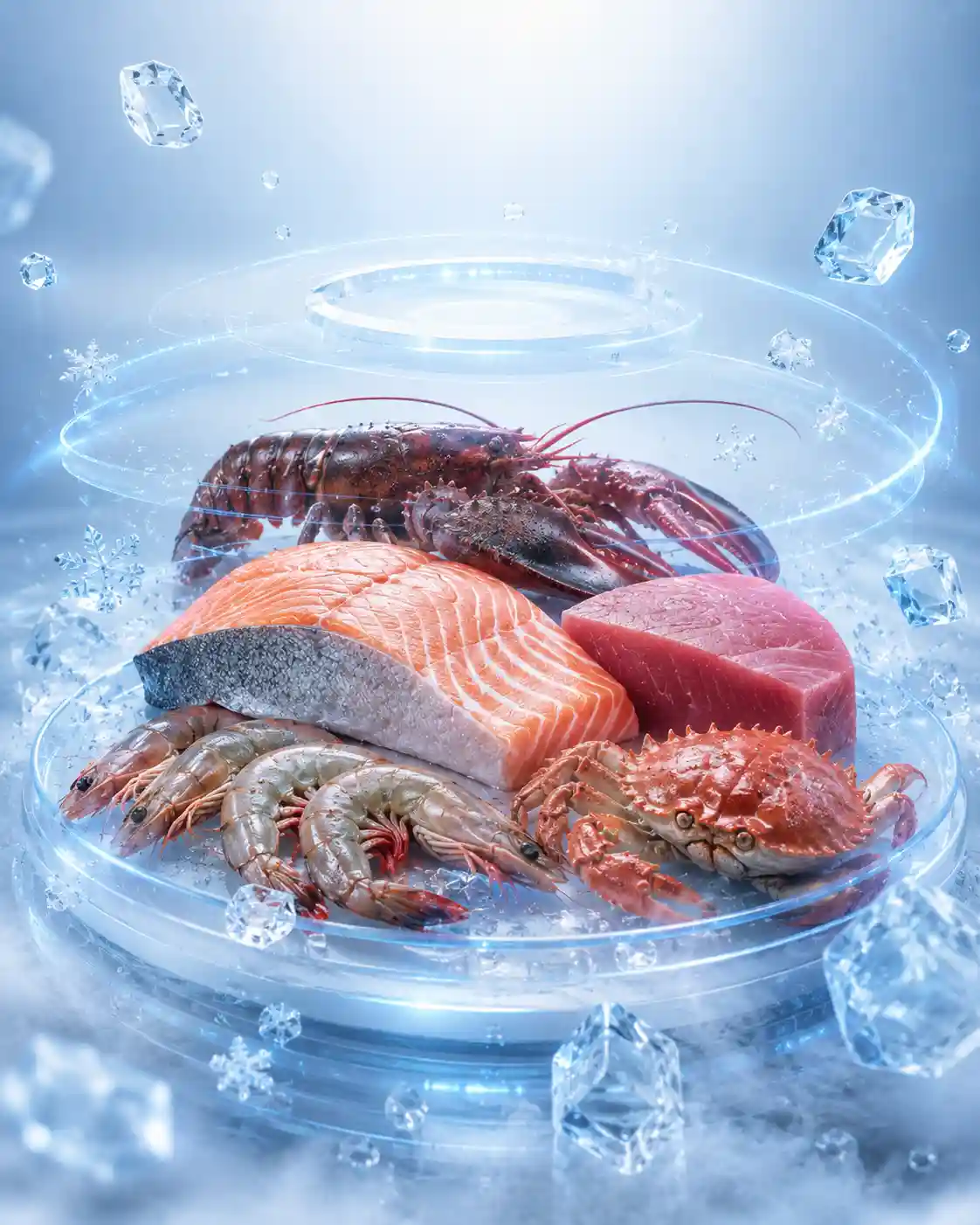 Premium seafood cold storage displaying salmon, tuna, lobster, shrimp and crab on ice, representing a commercial fish freezer room for seafood businesses in Dubai, Abu Dhabi and Sharjah, UAE.