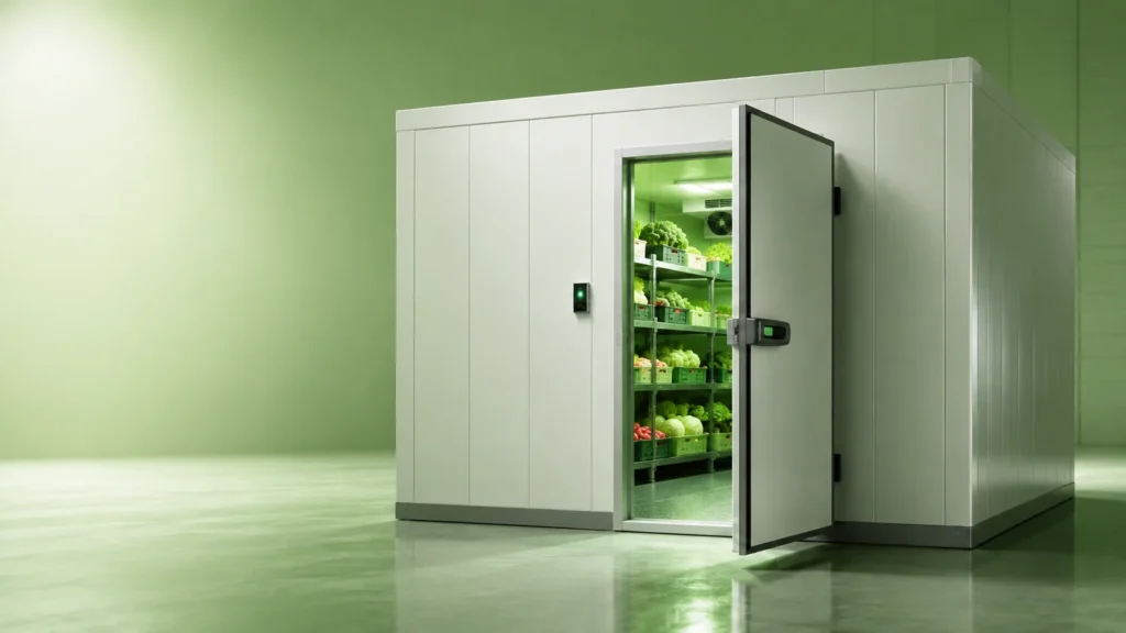Walk-in cold storage for vegetables with insulated panels and temperature-controlled shelving for commercial vegetable storage.