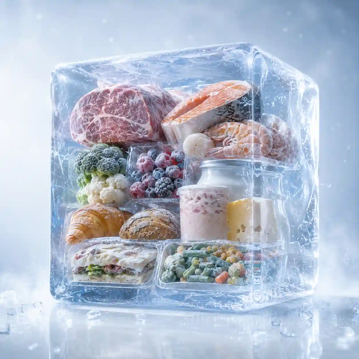Frozen meat, seafood, dairy products, vegetables, bakery items, and prepared meals preserved inside a commercial walk-in freezer environment.
