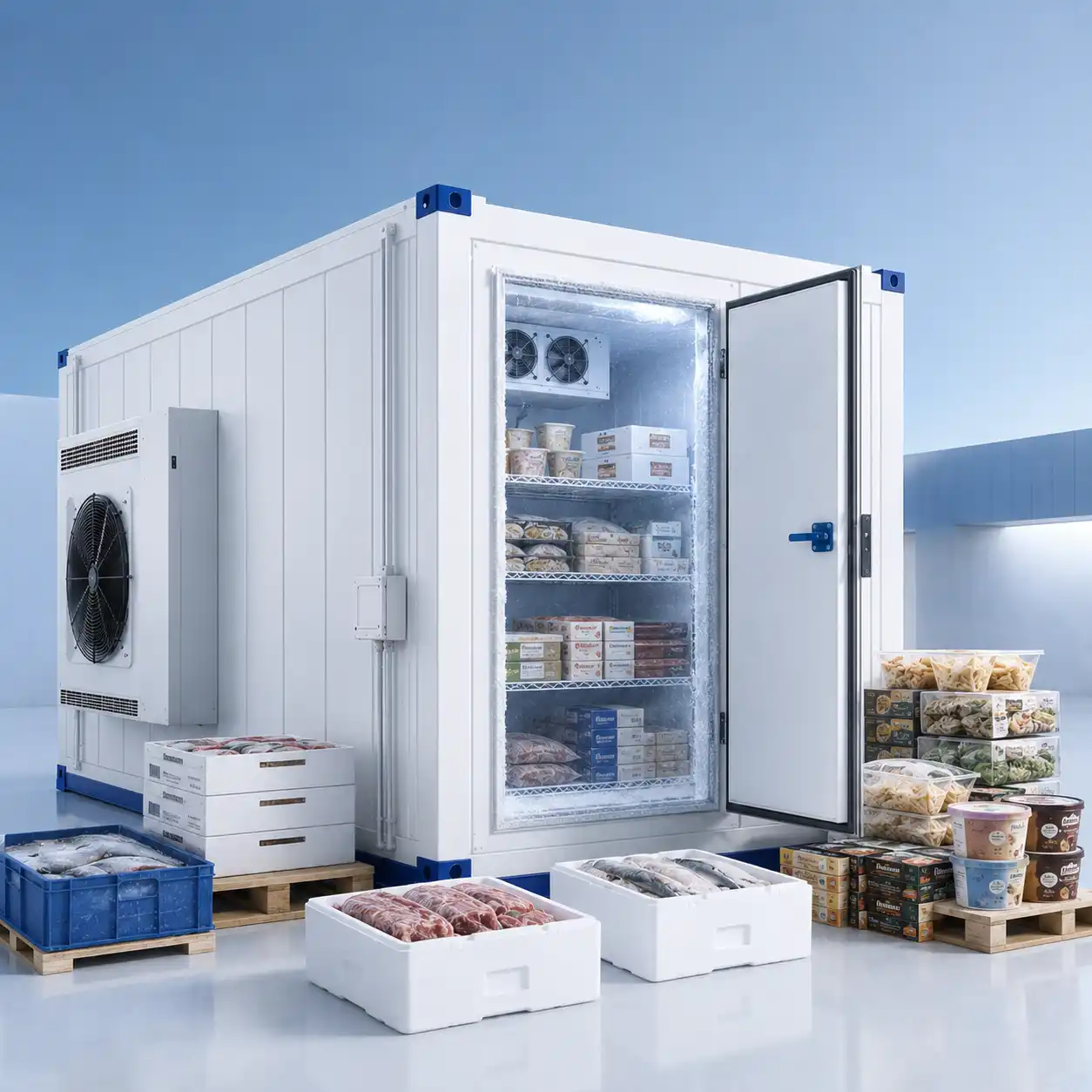 Modular freezer room in UAE with insulated panels, freezer door, evaporator, and frozen food storage
