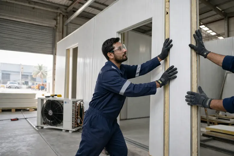 Technician installing insulated panels for a chiller freezer and walk-in chiller room inside an industrial warehouse