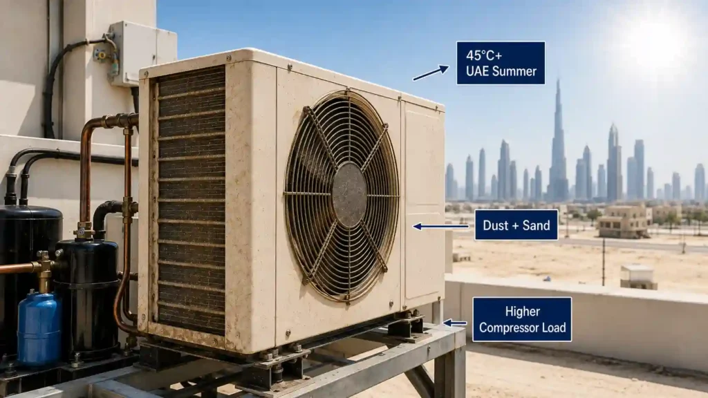Chiller maintenance in UAE with a condenser exposed to dust, sand and summer heat