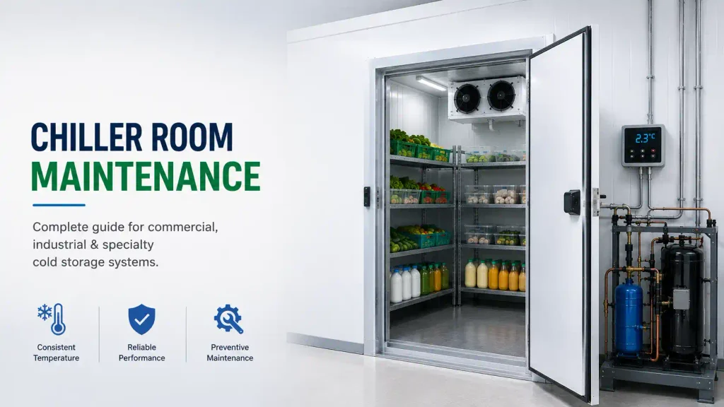 Commercial chiller room with refrigeration system for preventive maintenance and temperature control
