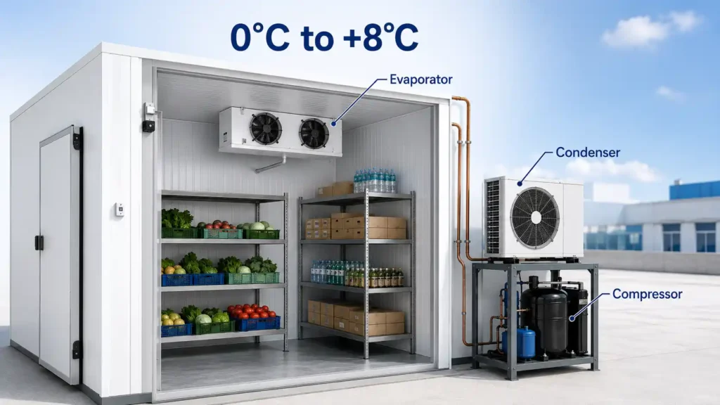 Chiller room maintenance system with evaporator, condenser and compressor
