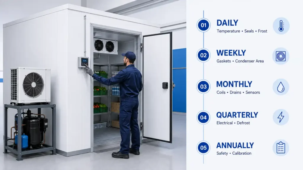 Chiller room maintenance schedule showing daily, weekly, monthly, quarterly and annual checks