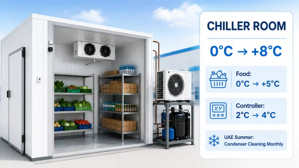Chiller room maintenance with temperature control, food storage and condenser cleaning guidance