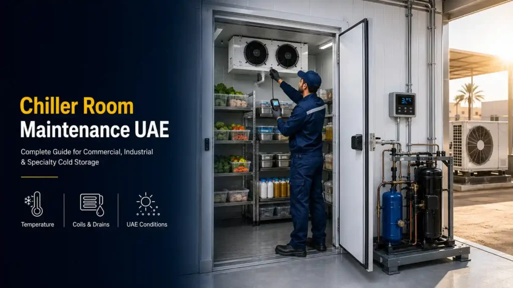 Chiller room maintenance in UAE with technician inspecting a commercial refrigeration system