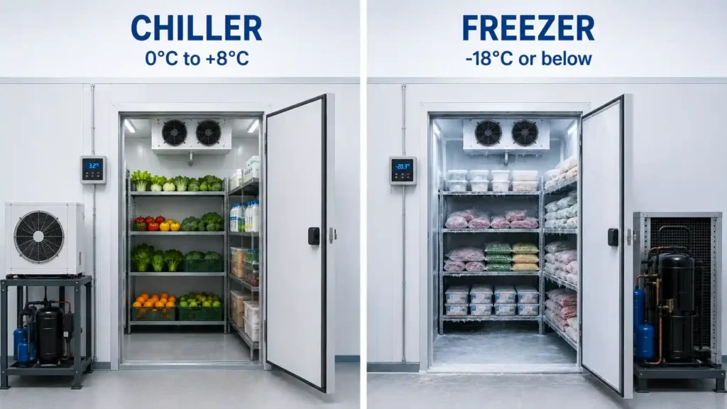 Commercial chiller and freezer rooms showing different temperature ranges for cold storage