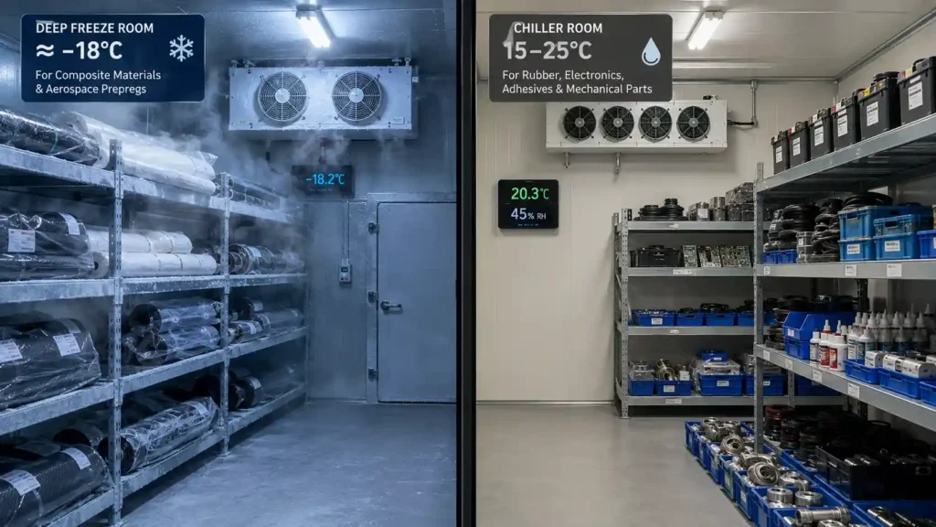 Cold storage rooms showing temperature-controlled storage for aerospace composites, rubber, electronics and mechanical spare parts