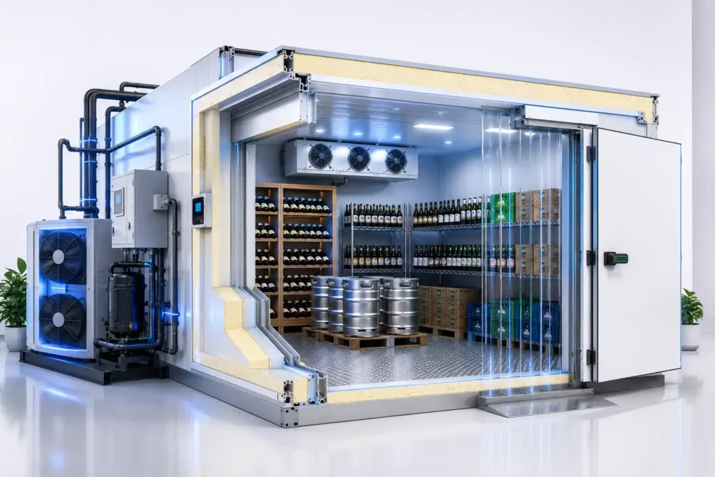 Commercial wine and beer chiller room with insulated panels and refrigeration system