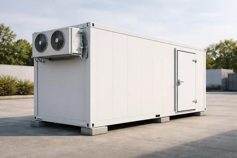 Container chiller room unit installed outdoors with integrated refrigeration system, used for portable cold room chiller and chiller storage applications in UAE
