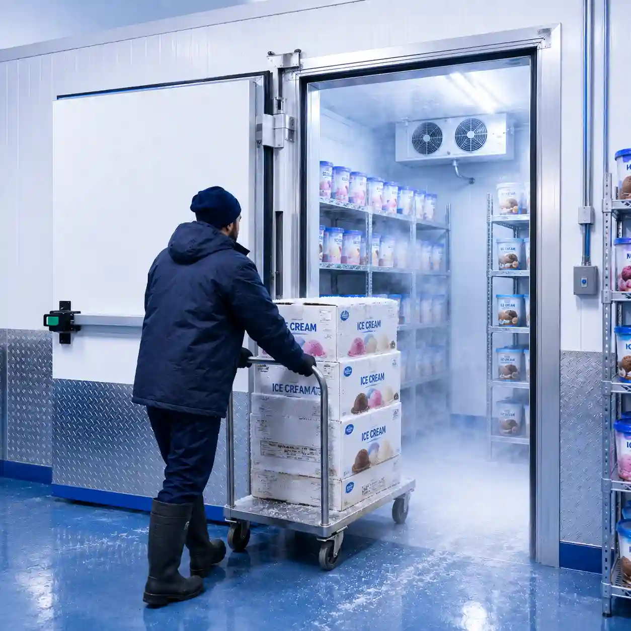 Worker moving boxed ice cream into a cold room using a trolley