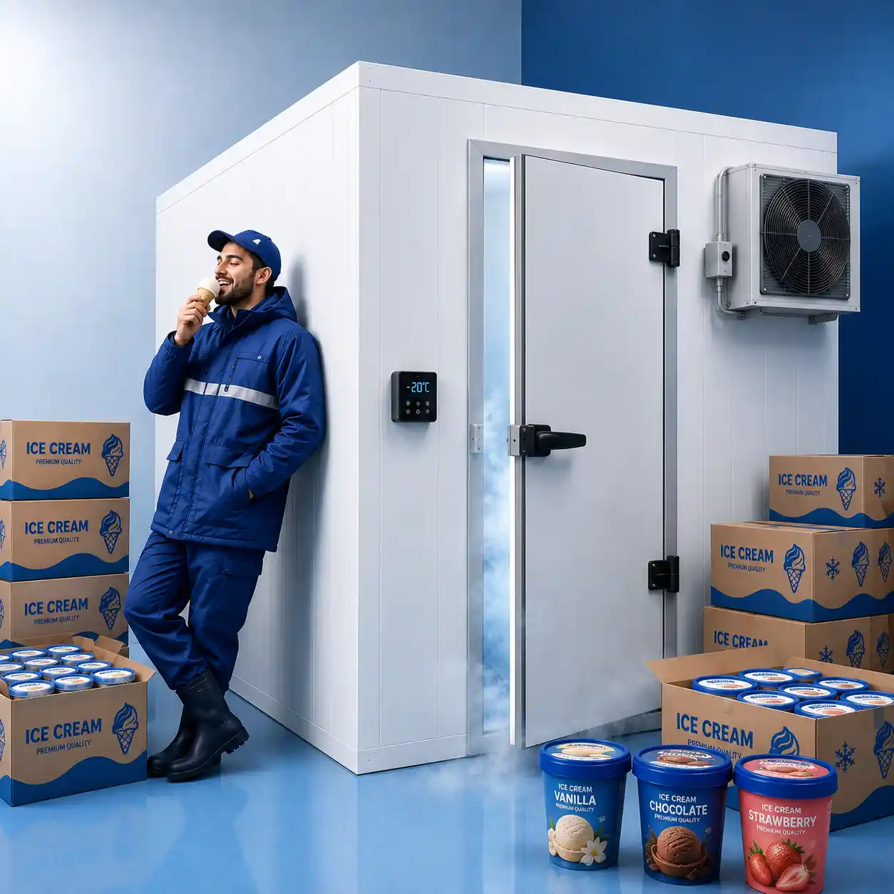 Commercial ice cream cold room with insulated panels, freezer door, temperature display, and ice cream cartons