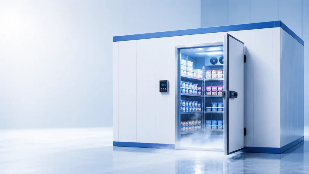 Insulated ice cream cold room with open freezer door, shelving, ice cream products, and digital temperature display