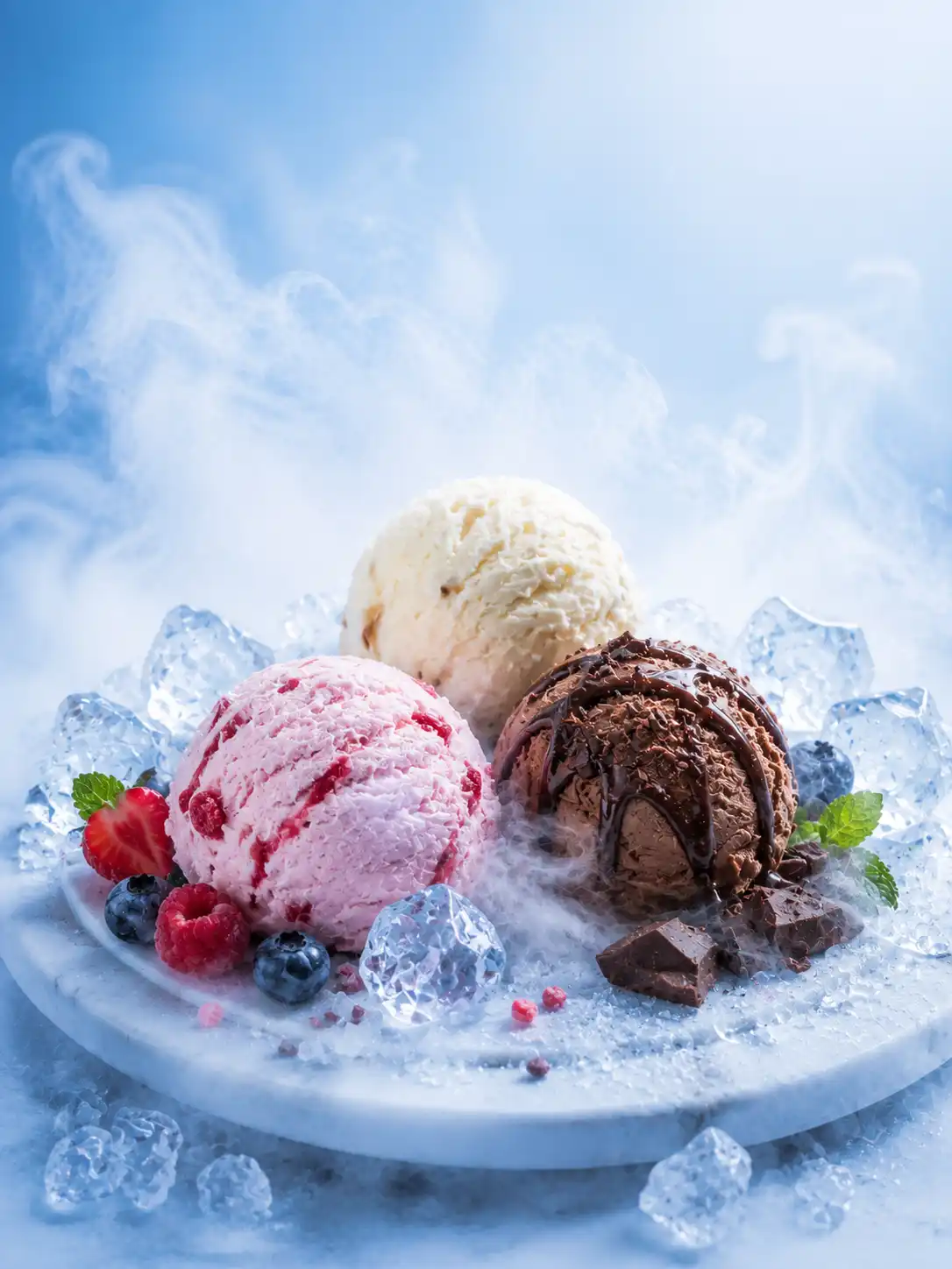 Three scoops of vanilla, strawberry, and chocolate ice cream surrounded by crushed ice