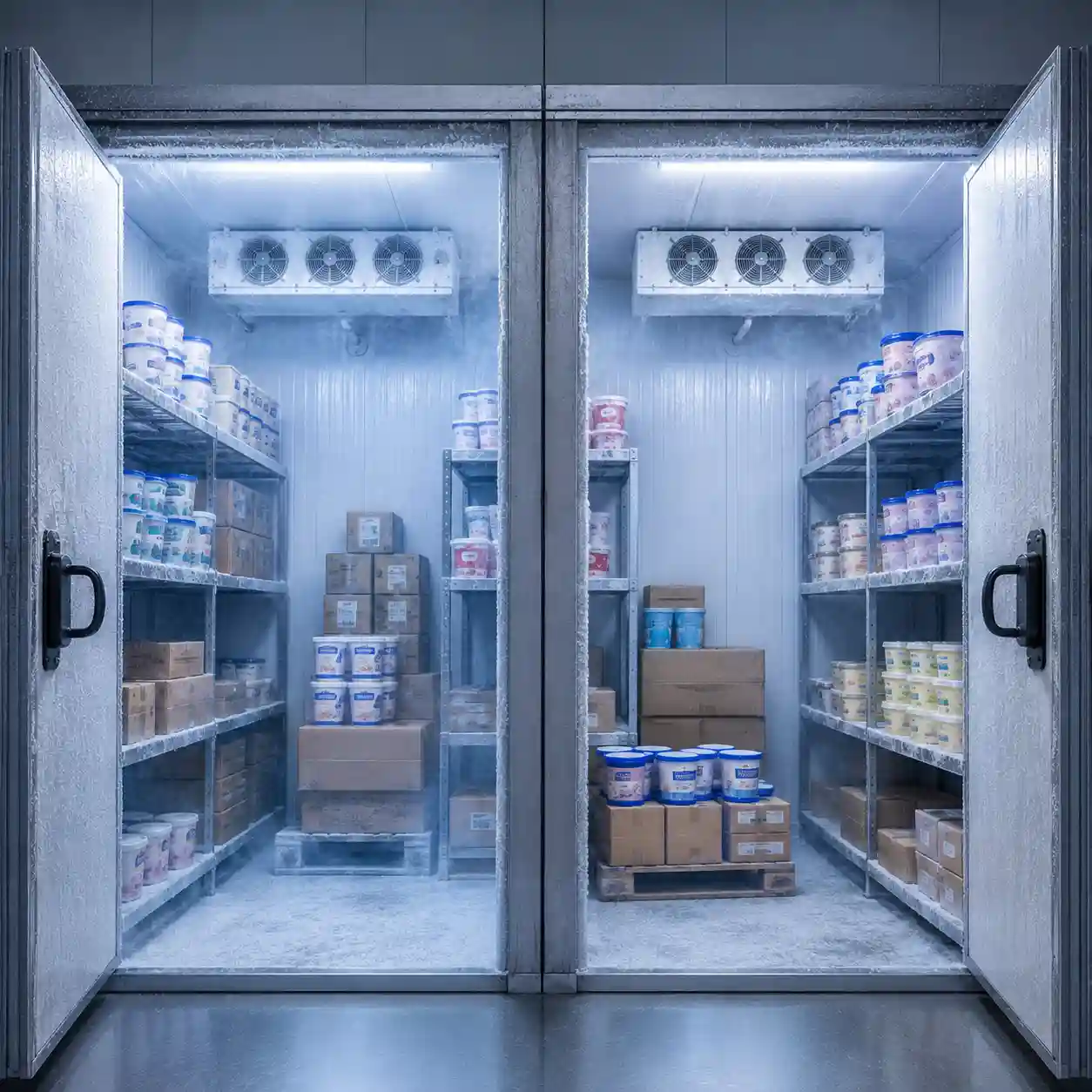 Two walk-in freezer rooms storing ice cream tubs and boxed frozen products on metal shelving