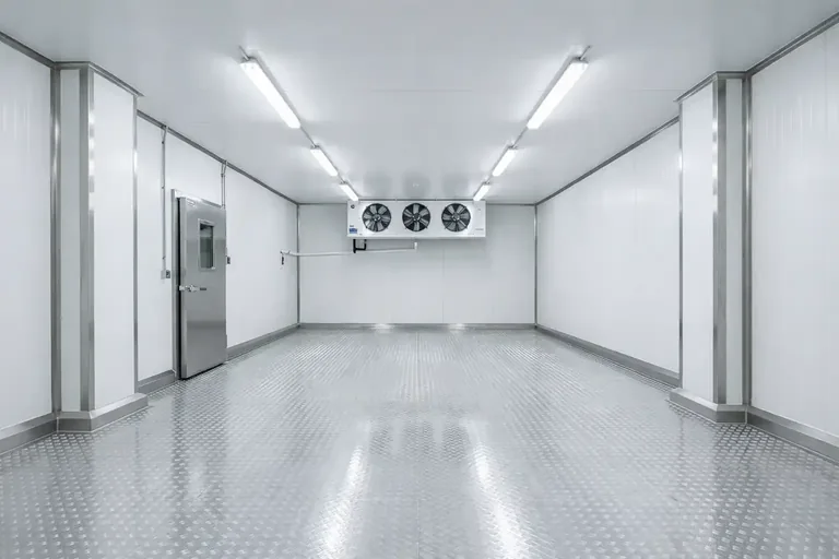Walk in chiller room interior with insulated panels and ceiling-mounted cooling unit, designed for cold room chiller and commercial chiller storage applications