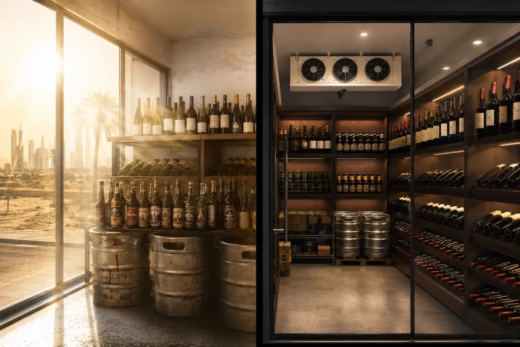 Wine and beer cold storage room with bottles and kegs in the UAE