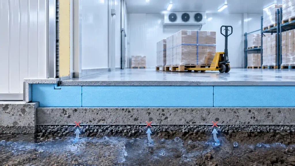 XPS insulation layer beneath a cold storage floor to reduce heat and moisture transfer