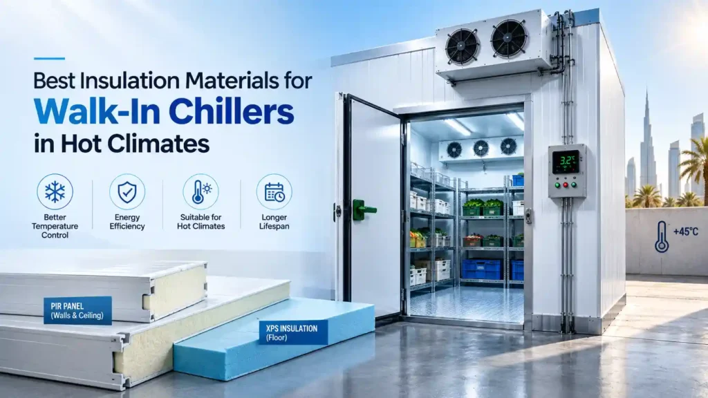 Insulation materials for a walk-in chiller including PIR panels and XPS floor insulation in the UAE