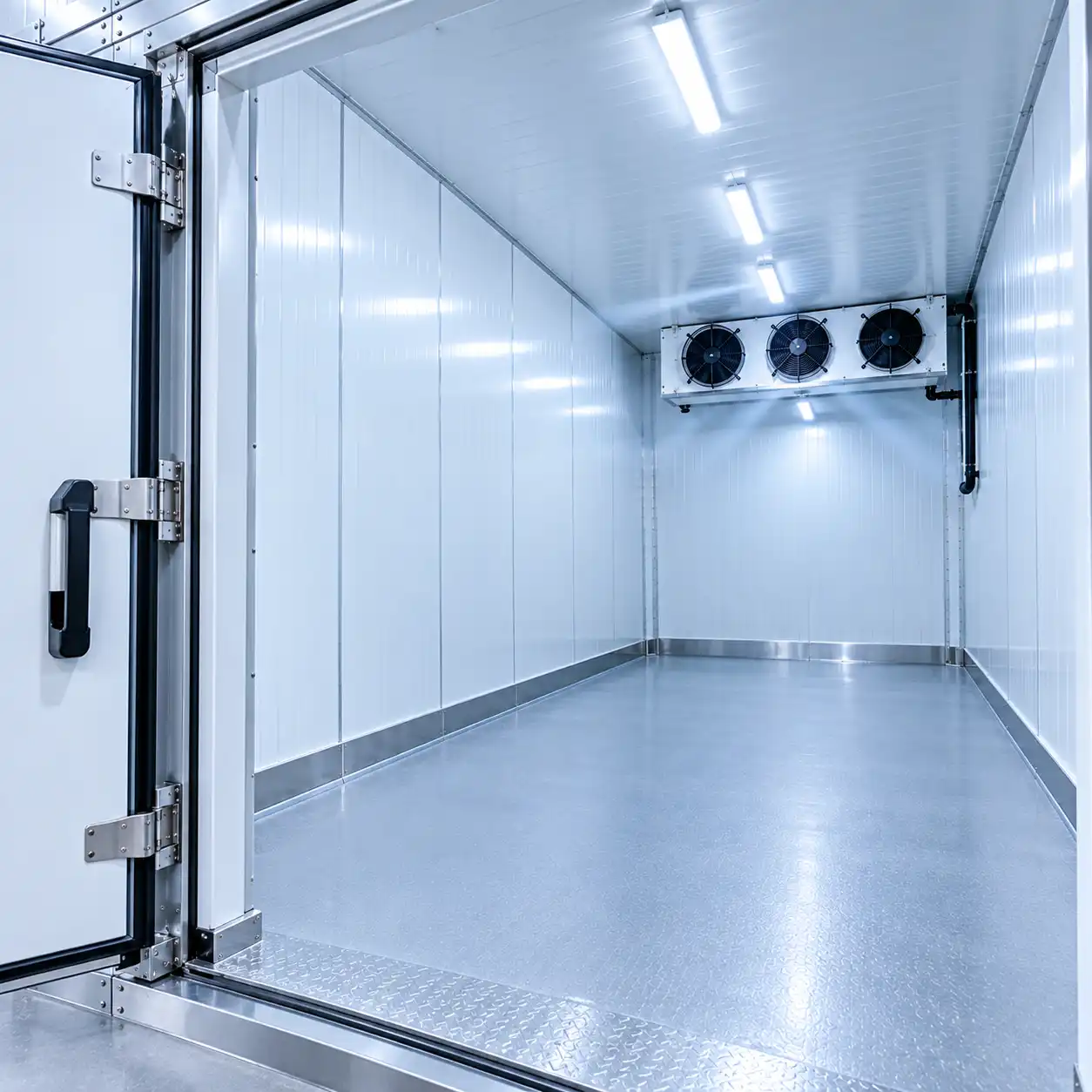 Interior view of a skid-mounted cold room with insulated panels and evaporator unit